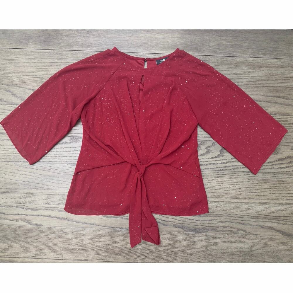 Wallis Red Tie Front Blouse Medium Sparkle Sheer Long Sleeve Top